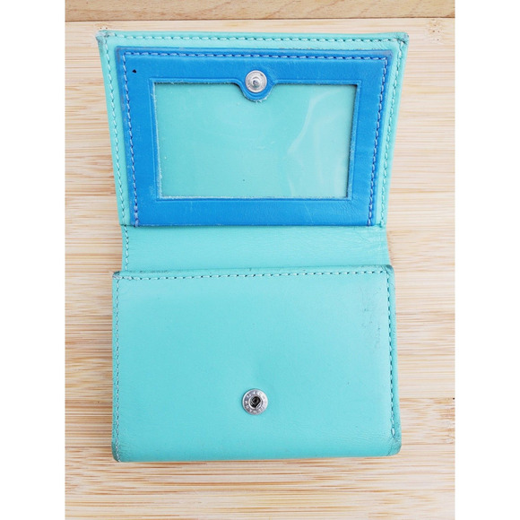 Tumi Tri Fold Leather Wallet Green Blue Card Carrier Organizer Zipper Pocket - Picture 2 of 9